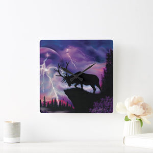 Bull Elk In Lightning Storm - Square Wall Clock