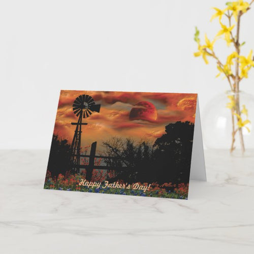 Windmill And Orange Moon -Greeting Card