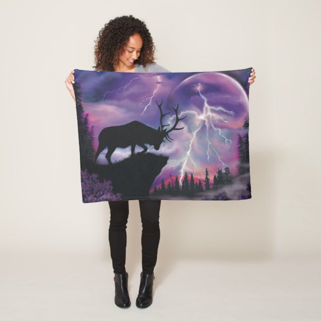 Bull Elk In Lightning Storm - Fleece Blanket