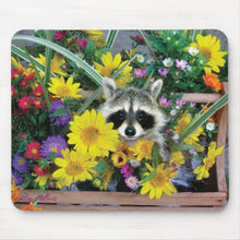 Load image into Gallery viewer, Raccoon Hiding in Flowers - Mouse Pad