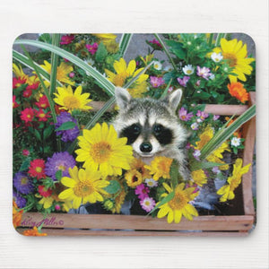 Raccoon Hiding in Flowers - Mouse Pad