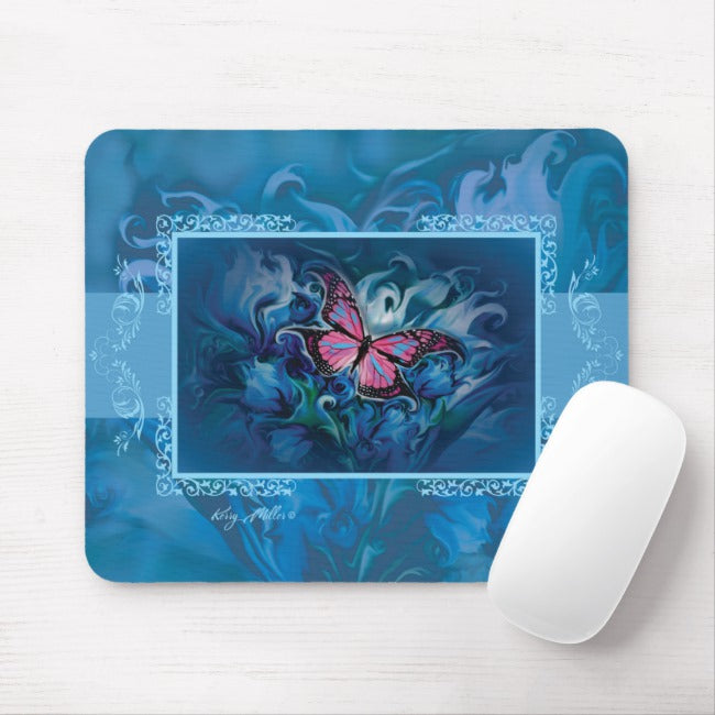 Butterfly & Blue Flowers - Mouse Pad