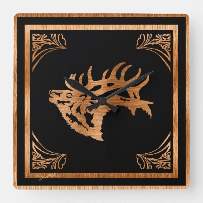 Bull Elk Silhouette - Square Wall Clock