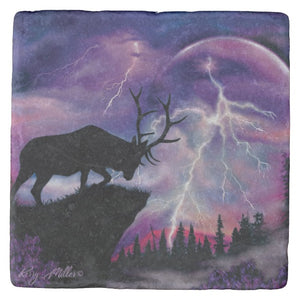 Bull Elk In Lightning Storm - Stone Coaster