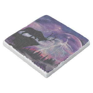 Bull Elk In Lightning Storm - Stone Coaster