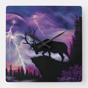 Bull Elk In Lightning Storm - Square Wall Clock