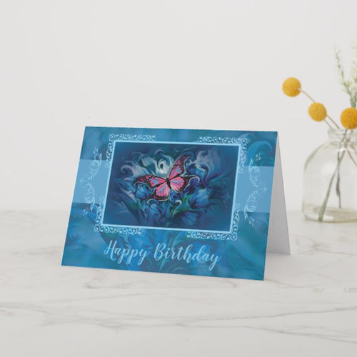 Butterfly & Blue Flowers - Greeting Card