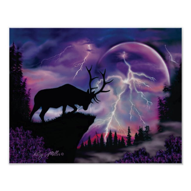 Bull Elk In Lightning Storm - Poster