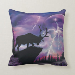 Bull Elk In Lightning Storm -Throw Pillow