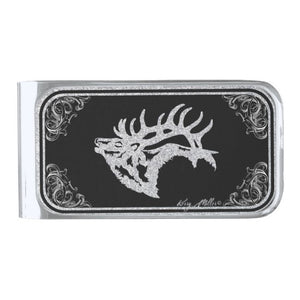 Bull Elk Silhouette - Silver Finish Money Clip