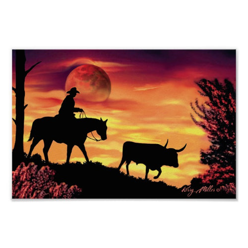 Cowboy & Longhorn Steer - Poster